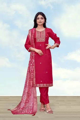 Rani pink roman embroidered work kurta set