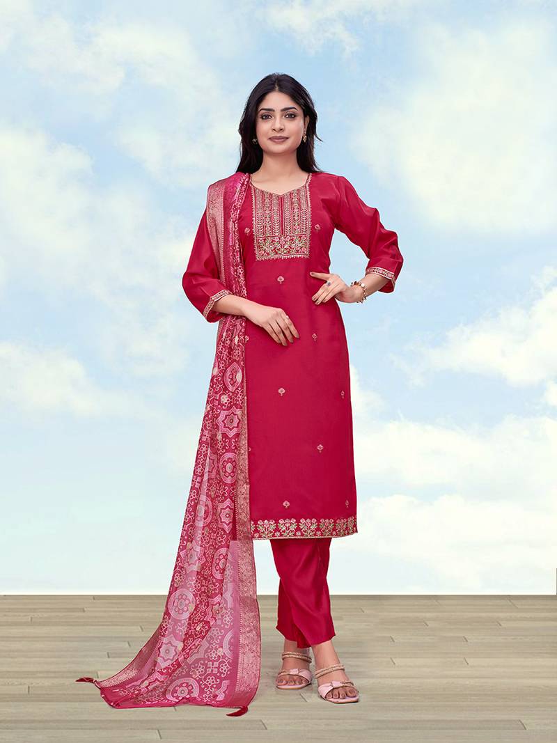 Rani pink roman embroidered work kurta set