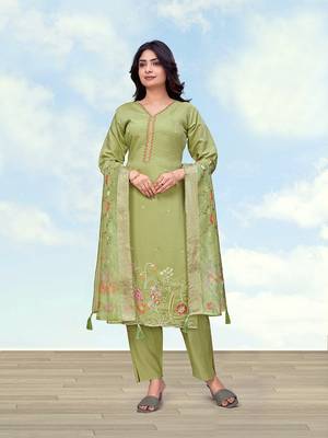Parrot green roman simar embroidered work kurta set 1
