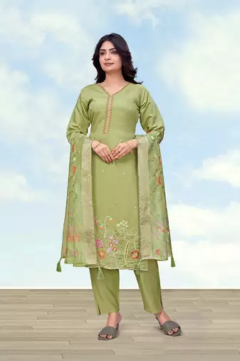 Parrot green roman simar embroidered work kurta set