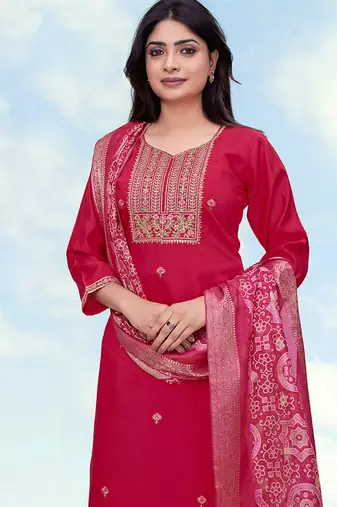 Rani pink roman embroidered work kurta set
