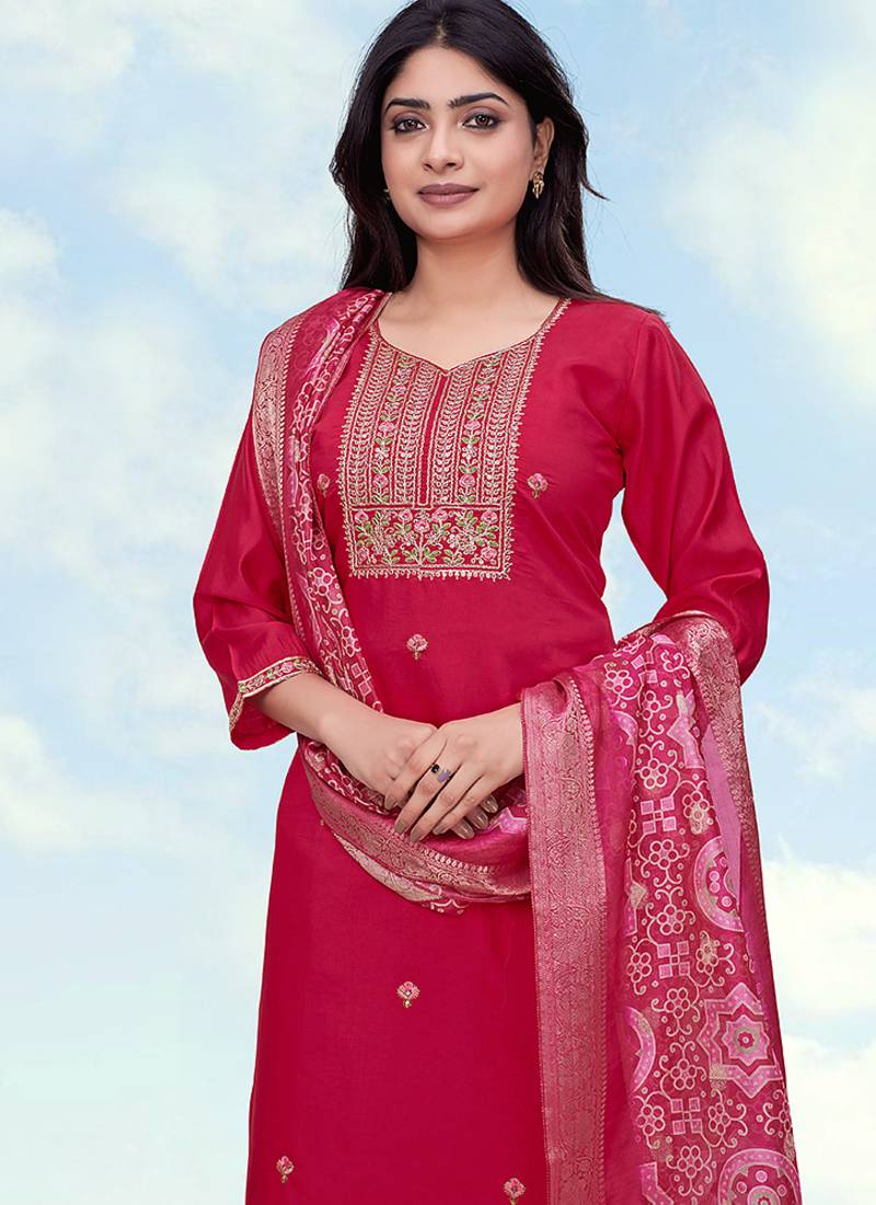 Rani pink roman embroidered work kurta set