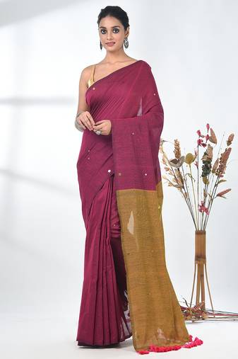 Fuchsia sequin-detail plain saree with mustard pallu