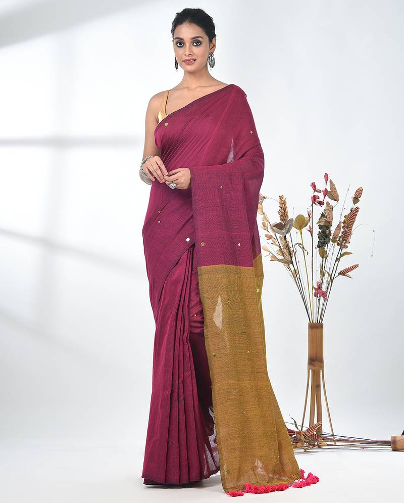 Fuchsia sequin-detail plain saree with mustard pallu