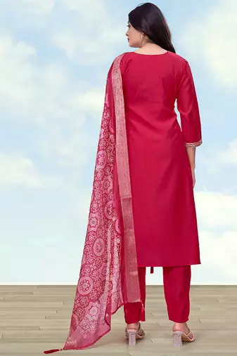 Rani pink roman embroidered work kurta set