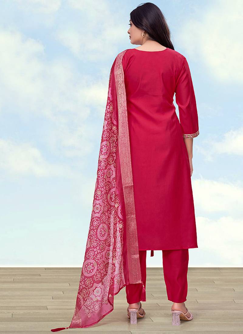 Rani pink roman embroidered work kurta set