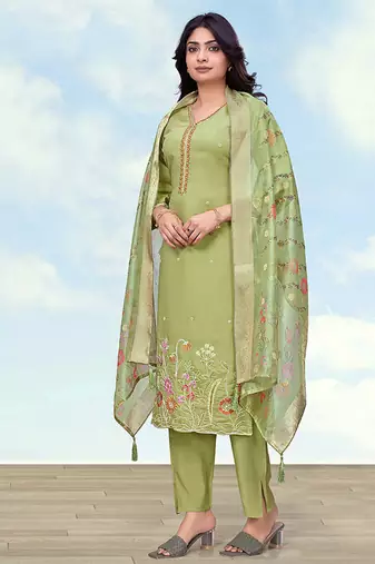 Parrot green roman simar embroidered work kurta set