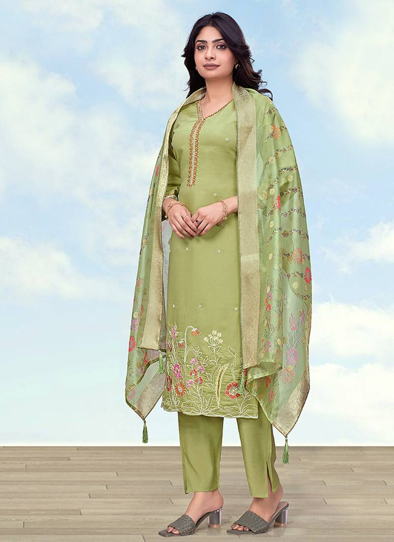 Parrot green roman simar embroidered work kurta set
