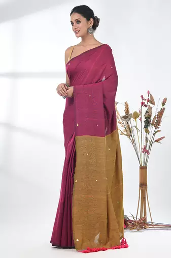 Fuchsia sequin-detail plain saree with mustard pallu