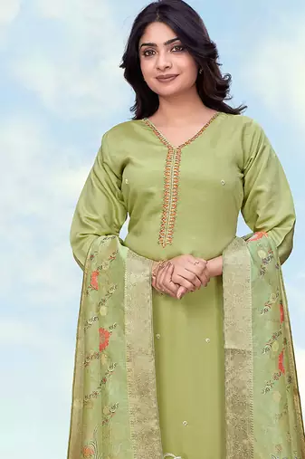 Parrot green roman simar embroidered work kurta set