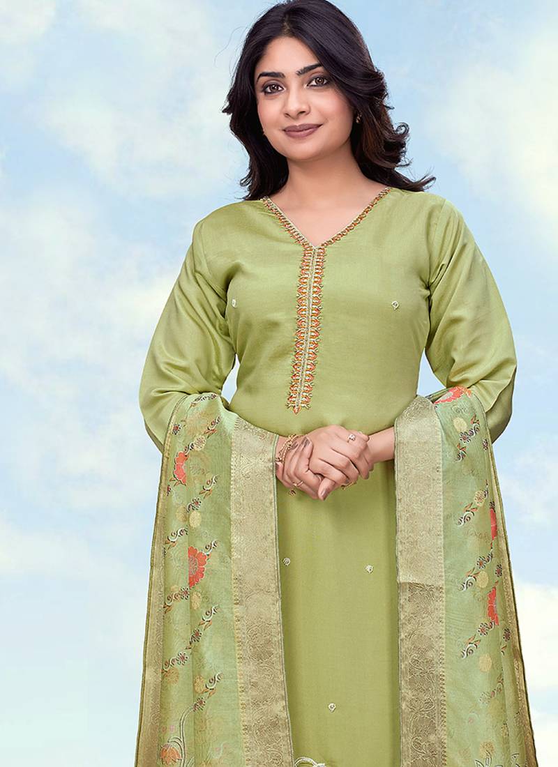 Parrot green roman simar embroidered work kurta set