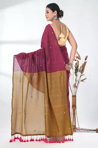 Fuchsia sequin-detail plain saree with mustard pallu