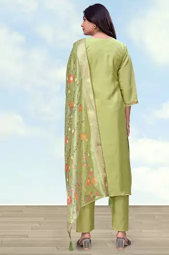 Parrot green roman simar embroidered work kurta set