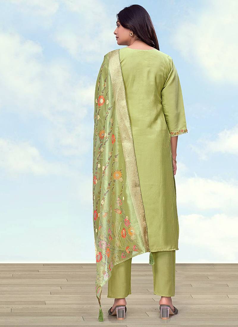 Parrot green roman simar embroidered work kurta set