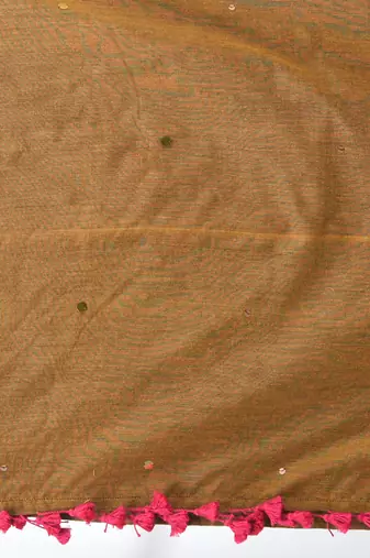 Fuchsia sequin-detail plain saree with mustard pallu