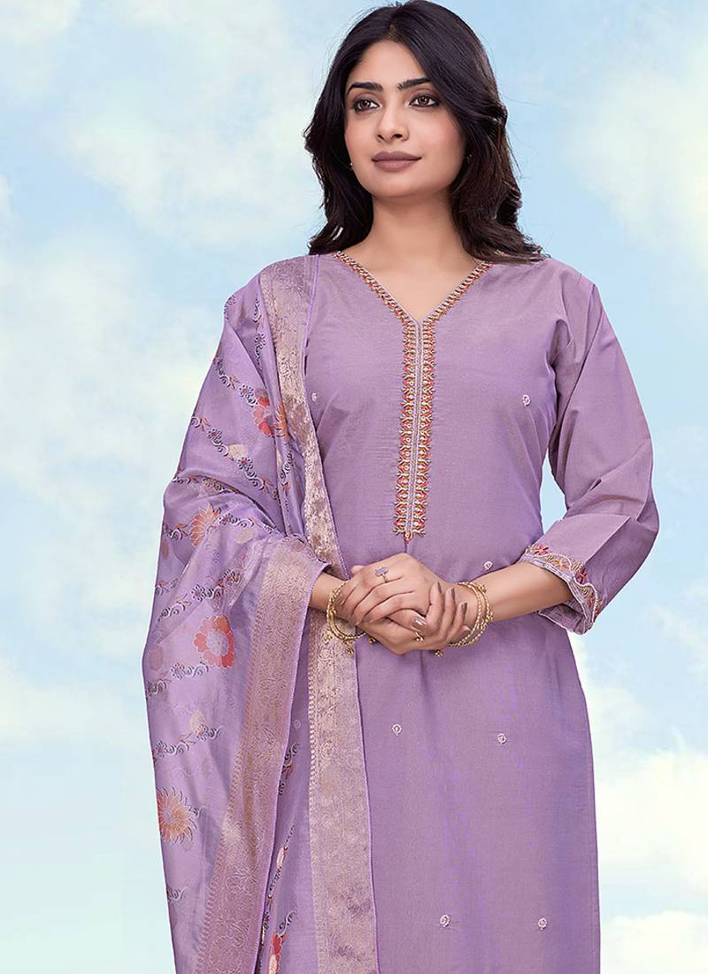 Lilac roman simar embroidered work kurta set