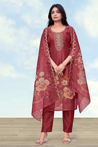 Rust red simar kurta set with floral print