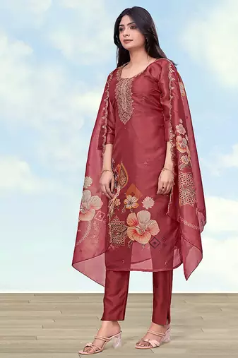 Rust red simar kurta set with floral print