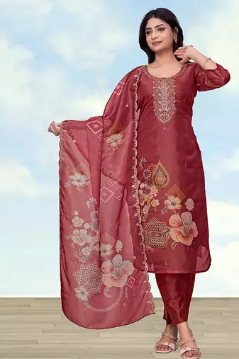 Rust red simar kurta set with floral print