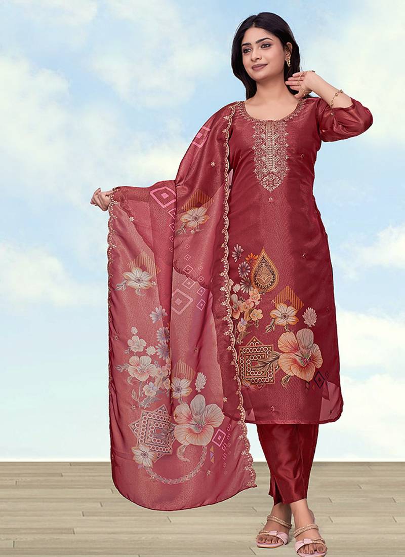 Rust red simar kurta set with floral print