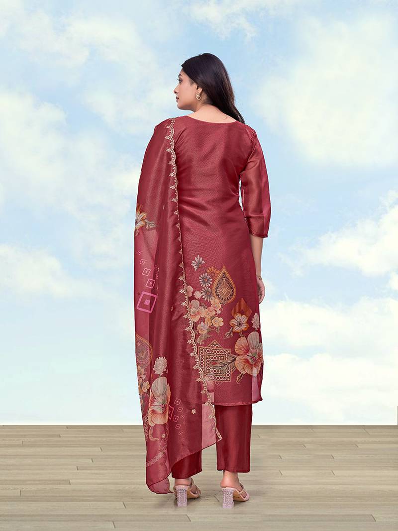 Rust red simar kurta set with floral print