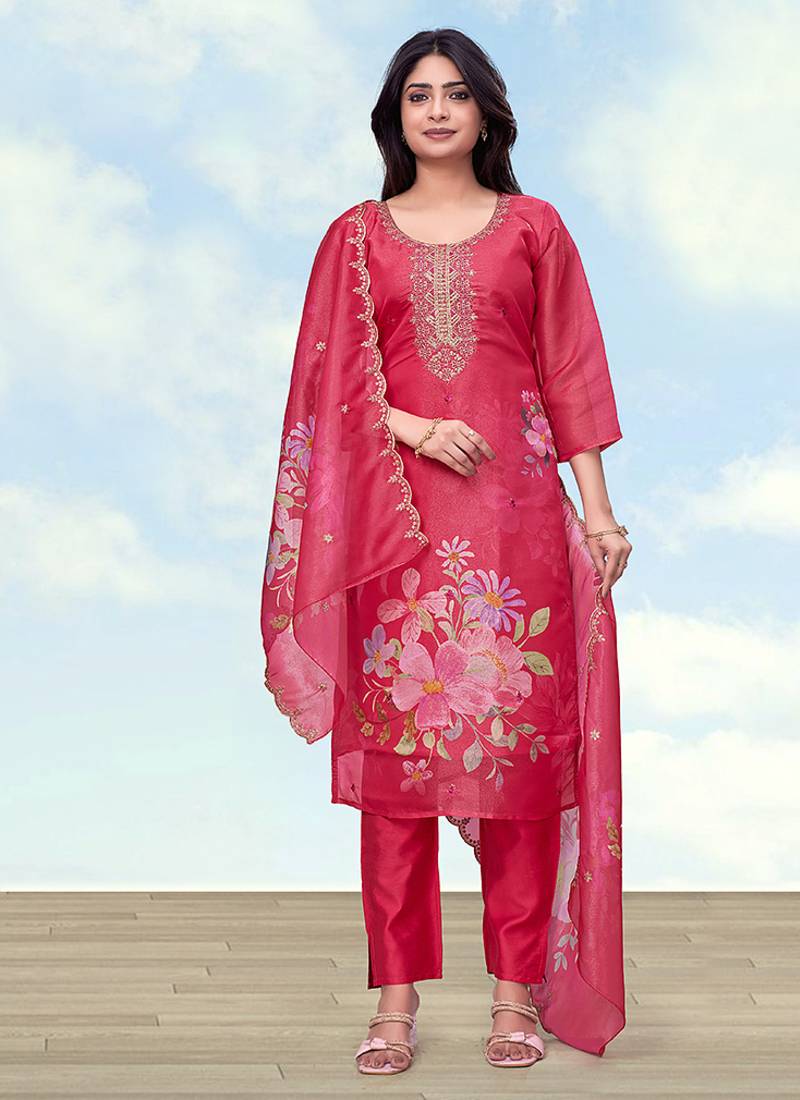 Pink simar kurta set with floral print