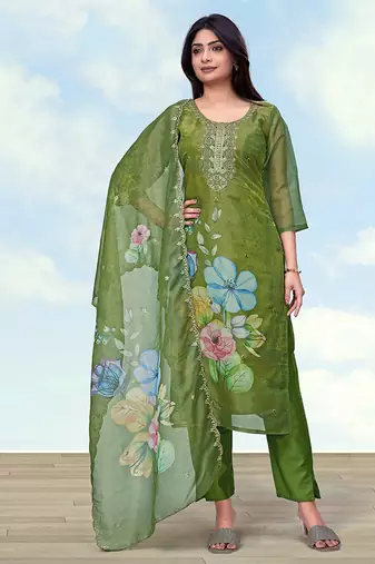 Mehendi green simar kurta set with floral print