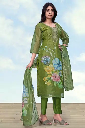Mehendi green simar kurta set with floral print