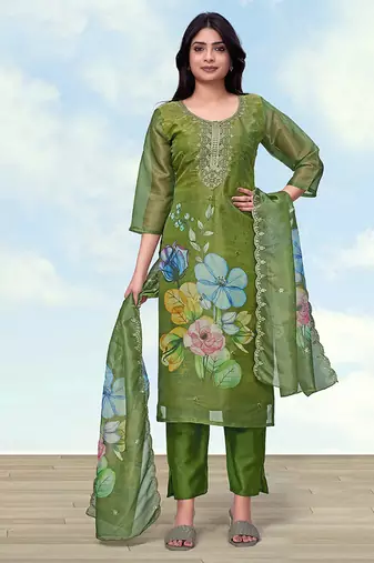 Mehendi green simar kurta set with floral print