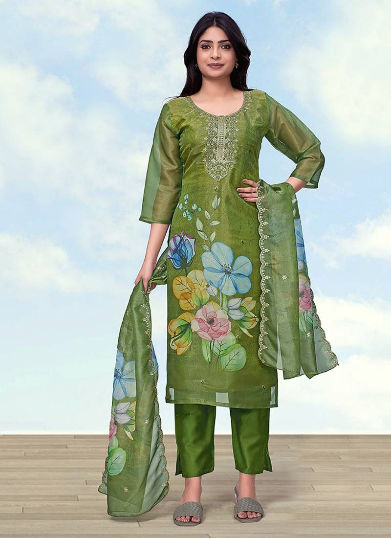 Mehendi green simar kurta set with floral print