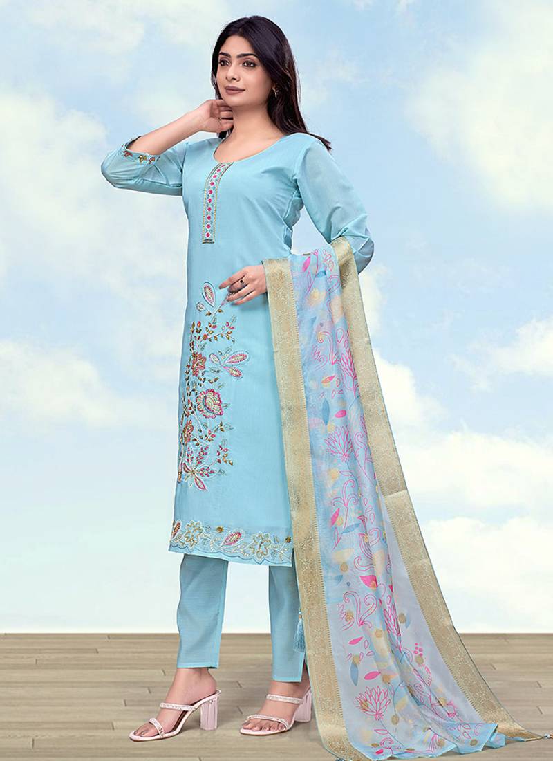 Light blue roman embroidered work kurta set