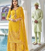 Pure georgette party wear sharara in yellow color with embroidery work