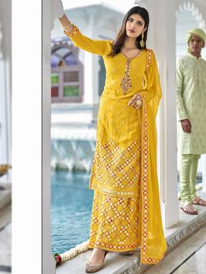 Pure georgette party wear sharara in yellow color with embroidery work 2