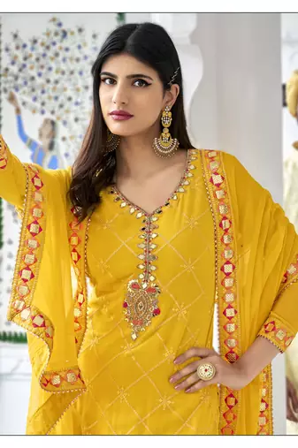 Pure georgette party wear sharara in yellow color with embroidery work