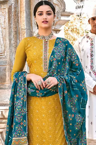 Pure georgette party wear sharara in yellow color with embroidery work