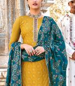 Pure georgette party wear sharara in yellow color with embroidery work