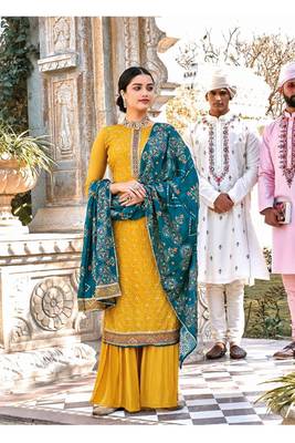 Pure georgette party wear sharara in yellow color with embroidery work 2