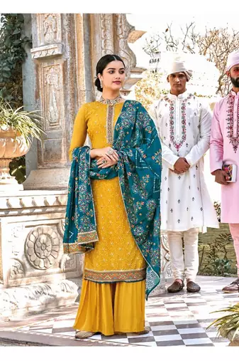 Pure georgette party wear sharara in yellow color with embroidery work