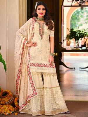 Pure georgette party wear sharara in off white color with embroidery work 1