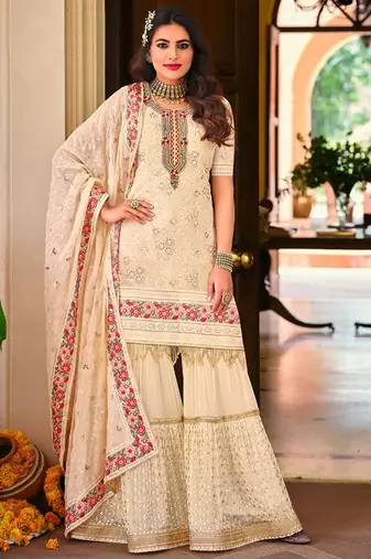 Pure georgette party wear sharara in off white color with embroidery work