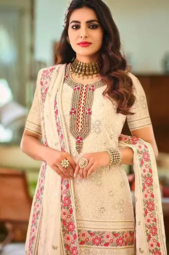 Pure georgette party wear sharara in off white color with embroidery work