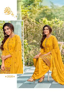Pure georgette wedding wear suit in yellow color with embroidery work 2