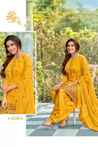 Pure georgette wedding wear suit in yellow color with embroidery work