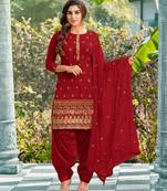 Pure georgette party wear suit in red color with embroidery work