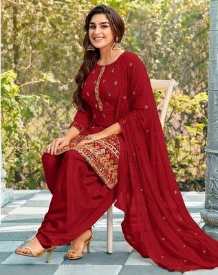 Pure georgette party wear suit in red color with embroidery work 2