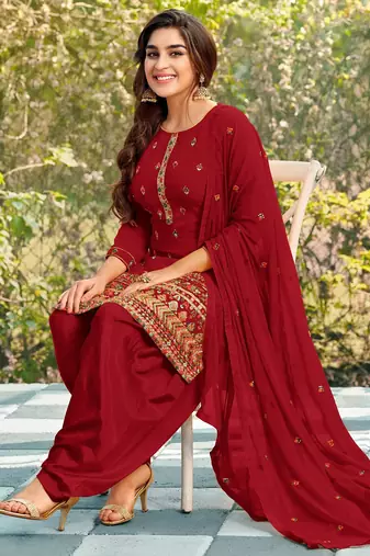 Pure georgette party wear suit in red color with embroidery work