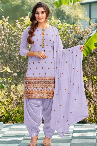 Pure georgette party wear suit in lavender color with embroidery work