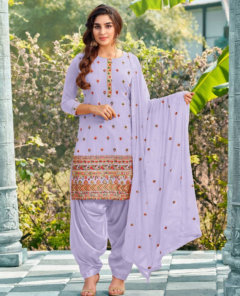 Pure georgette party wear suit in lavender color with embroidery work