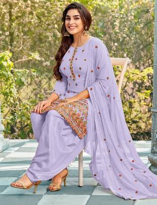 Pure georgette party wear suit in lavender color with embroidery work 2