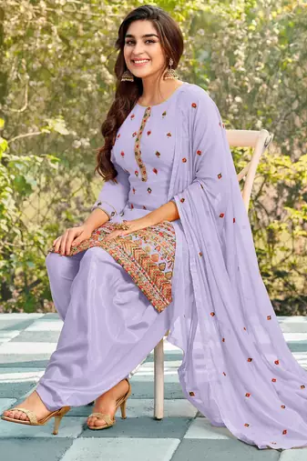 Pure georgette party wear suit in lavender color with embroidery work